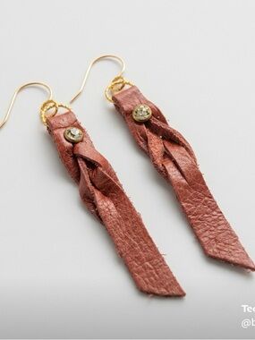 Handcrafted Brown Leather Braided Drop Earrings - Gold Accent